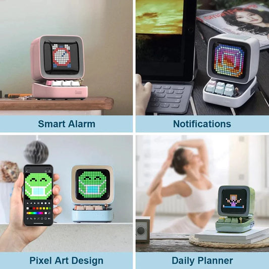 Mandotos retro pixel art Bluetooth speaker and alarm clock with colorful pixel design and digital display.