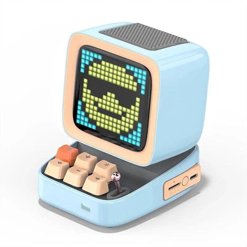 Mandotos retro pixel art Bluetooth speaker and alarm clock with colorful pixel design and digital display.