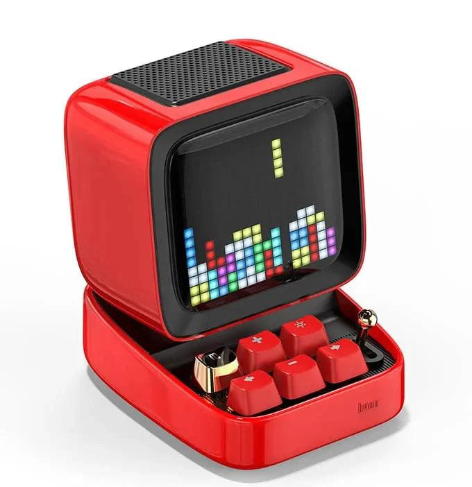 Mandotos retro pixel art Bluetooth speaker and alarm clock with colorful pixel design and digital display.