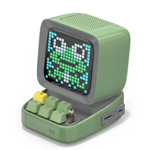Mandotos retro pixel art Bluetooth speaker and alarm clock with colorful pixel design and digital display.