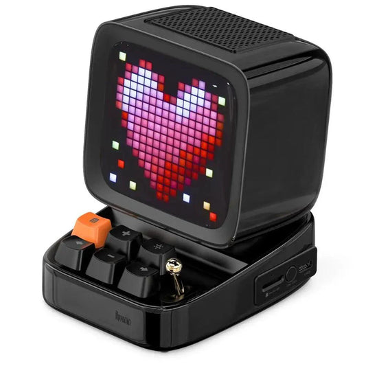 Mandotos retro pixel art Bluetooth speaker and alarm clock with colorful pixel design and digital display.
