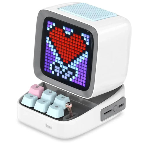 Mandotos retro pixel art Bluetooth speaker with alarm clock displaying colorful pixel design and control buttons.