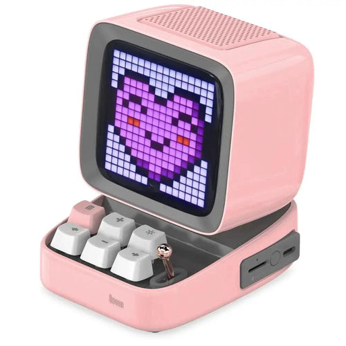 Mandotos retro pixel art Bluetooth speaker and alarm clock with colorful pixel design and digital display, modern tech meets retro style.