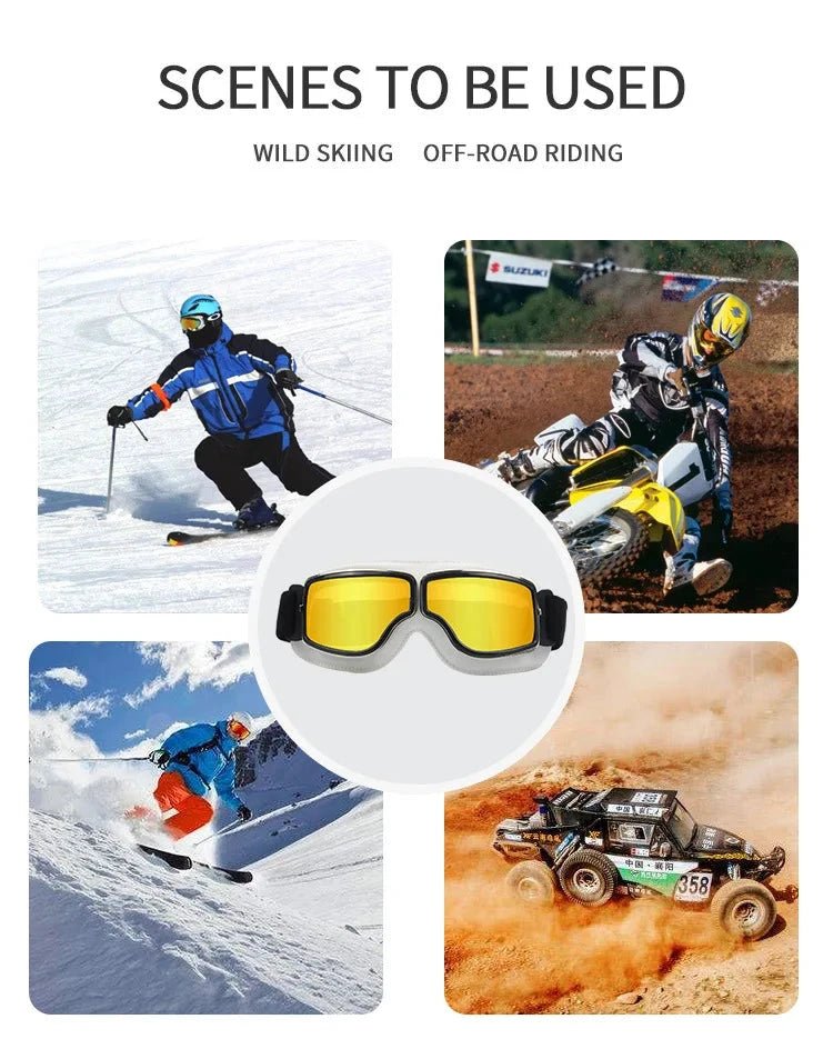 Mandotos retro windproof motorcycle glasses with black frame and clear lenses, designed for stylish, open-road riding.