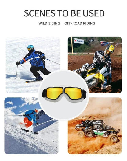 Mandotos retro windproof motorcycle glasses with black frame and clear lenses, designed for stylish, open-road riding.