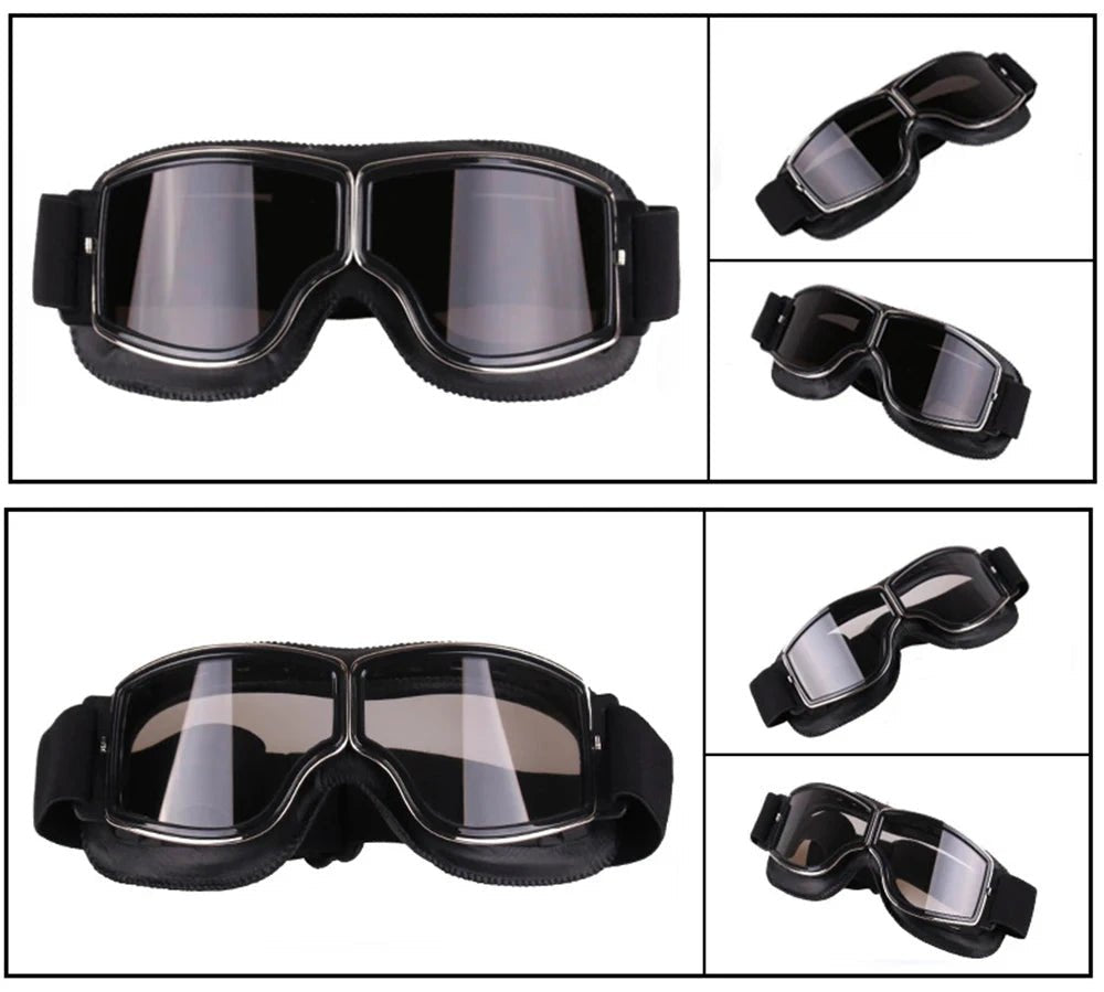 Mandotos retro windproof motorcycle glasses with dark tinted lenses and black frame, designed for open-road riding.