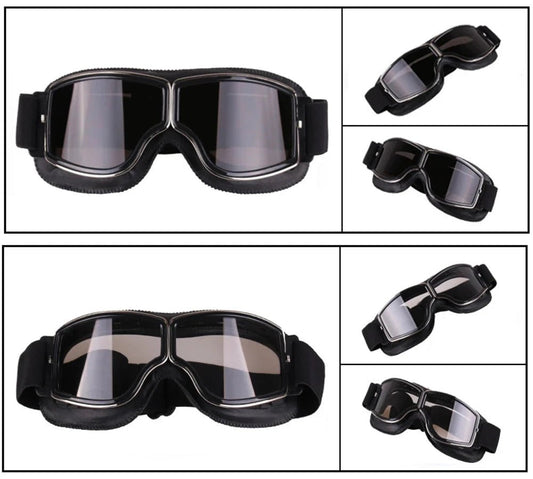 Mandotos retro windproof motorcycle glasses with dark tinted lenses and black frame, designed for open-road riding.