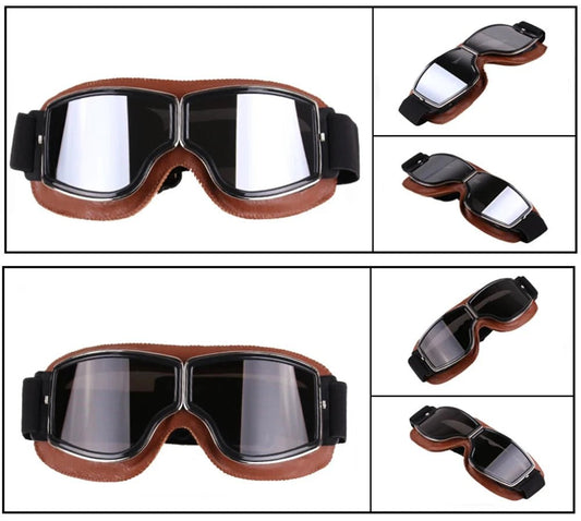 Mandotos retro windproof motorcycle glasses with tinted lenses and black frame, designed for open-road riding style.