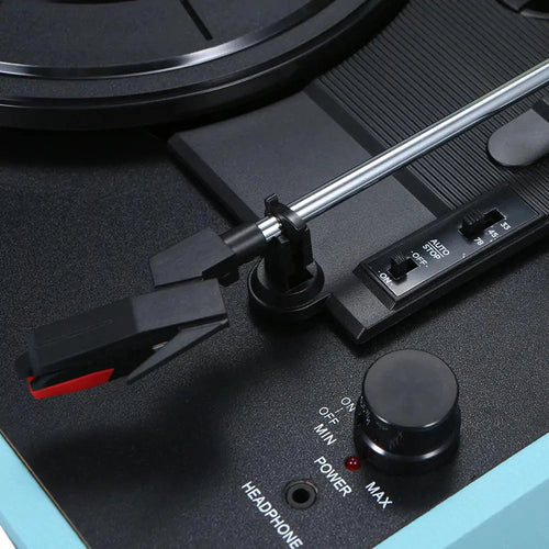 Mandotos RetroSound portable turntable with built-in speakers, vintage design, and tonearm for vinyl record playback.