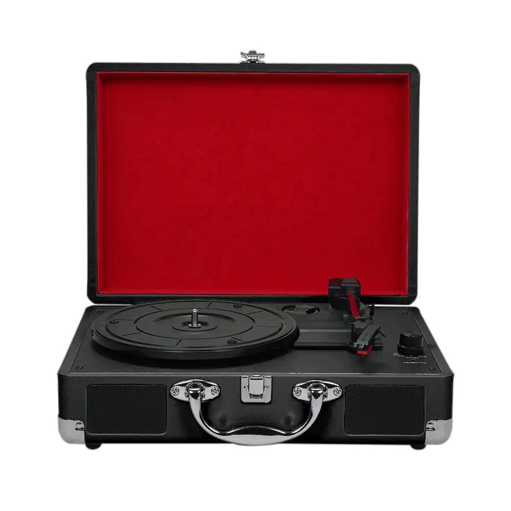 Mandotos RetroSound portable turntable with built-in speakers and vintage design, perfect for listening to vinyl records on the go.