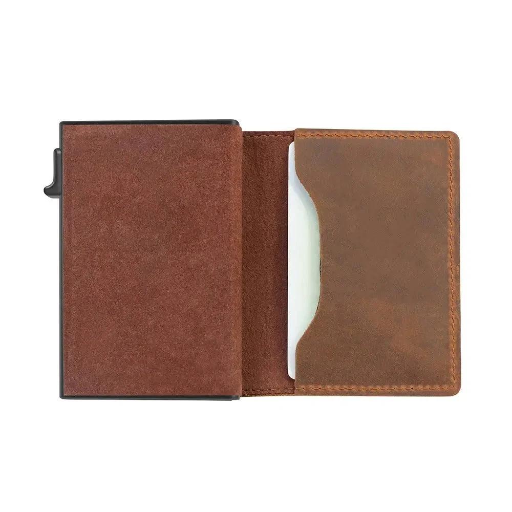 RFID men's slim leather wallet with AirTag slot by MANDOTOS, featuring card slots and compact design for secure, stylish storage.