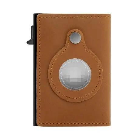 Mandotos RFID men's slim leather wallet with AirTag slot, featuring multiple card slots and a sleek, compact design.