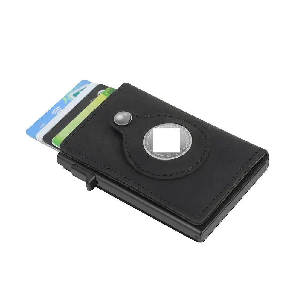 Mandotos RFID men's slim leather wallet with AirTag slot, featuring multiple card compartments and a sleek, compact design.