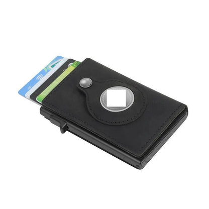 Mandotos RFID men's slim leather wallet with AirTag slot, featuring multiple card compartments and a sleek, compact design.