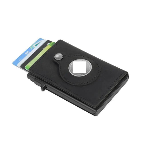 Mandotos RFID men's slim leather wallet with AirTag slot, featuring multiple card compartments and a sleek, compact design.