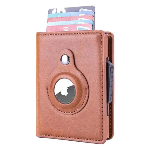 Mandotos RFID men's slim leather wallet with AirTag slot, compact card holder for secure, stylish everyday use.