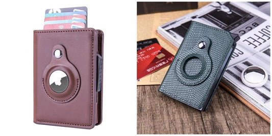 Mandotos RFID men's slim leather wallet with AirTag slot, compact card holder and secure cash storage for everyday use.
