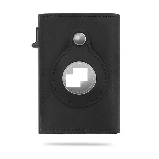 Mandotos RFID men's slim leather wallet with AirTag slot, compact card holder for secure card storage and tracking.