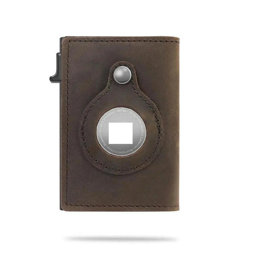 Mandotos RFID men's slim leather wallet with AirTag slot, compact card holder for secure storage.