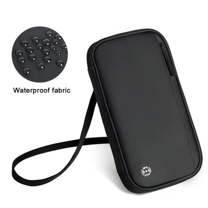 Mandotos RFID safe travel pouch with multiple compartments for secure passport, cards, and cash storage.