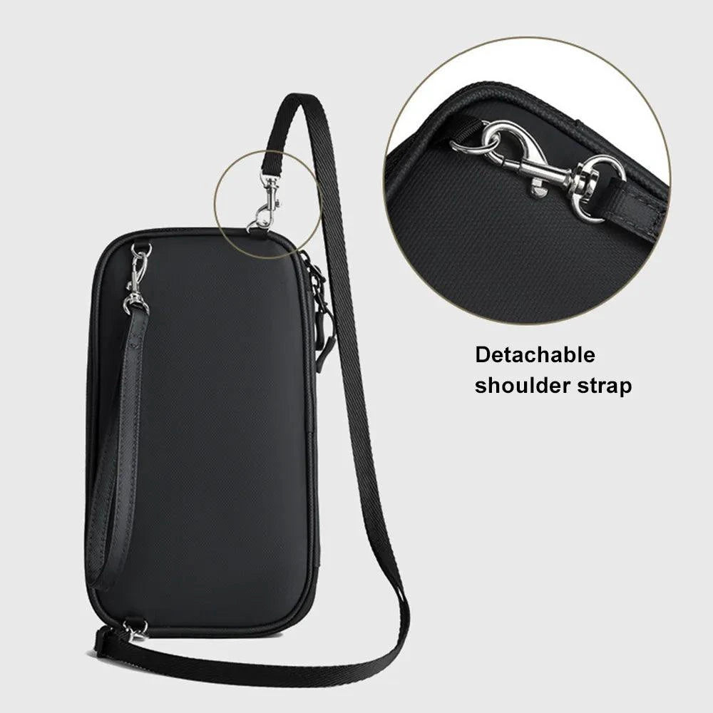 Mandotos RFID Safe Travel Pouch with multiple compartments for secure passport, cards, and valuables in black fabric.