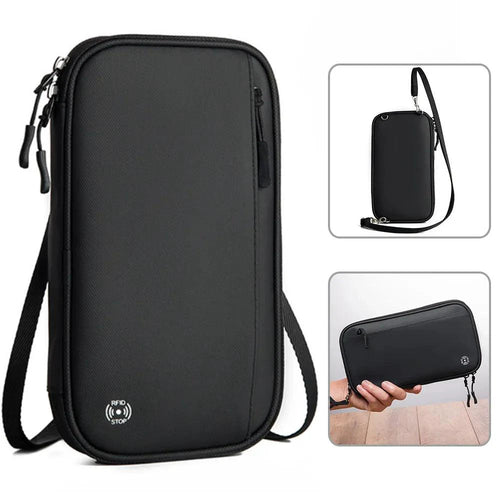 Mandotos RFID safe travel pouch with multiple compartments and secure zippers for protecting personal cards and documents.