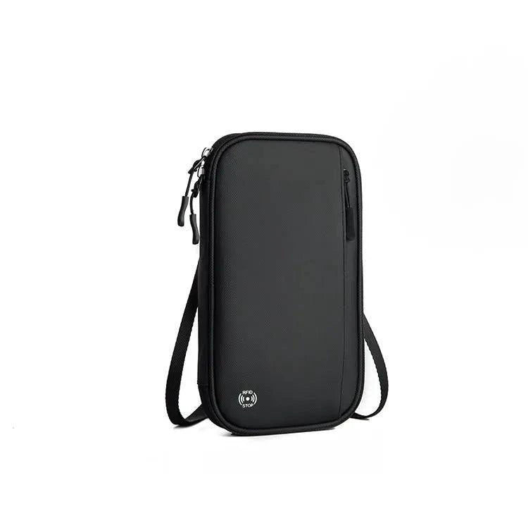 Mandotos RFID safe travel pouch with multiple compartments and secure zipper closure, designed for secure passport and card storage.