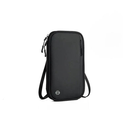 Mandotos RFID safe travel pouch with multiple compartments and secure zipper closure, designed for secure passport and card storage.