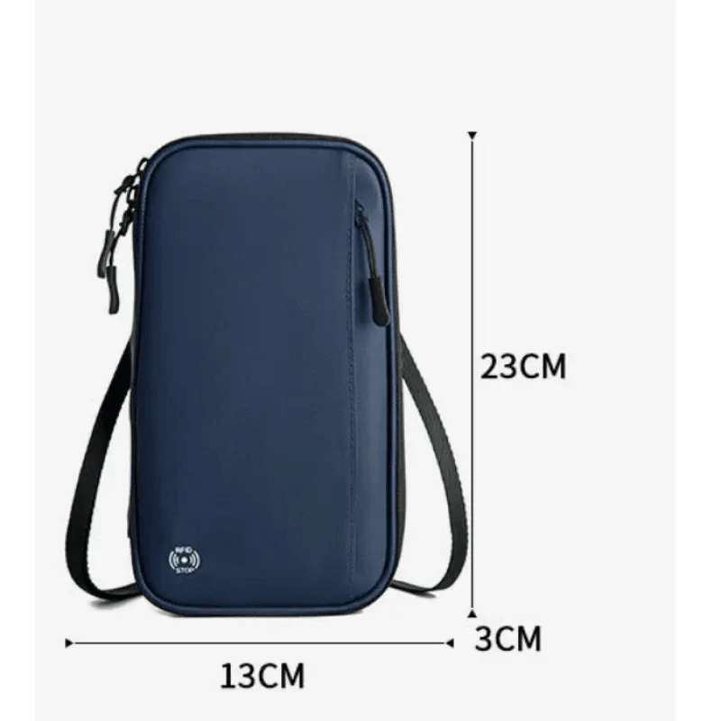 Mandotos RFID safe travel pouch with multiple compartments and secure zip closure, designed to protect personal cards and documents.