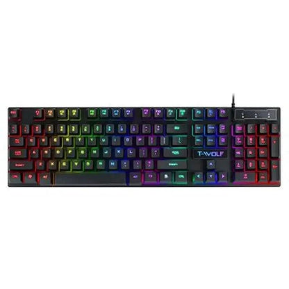 Mandotos RGB backlit gaming keyboard with floating keys, featuring customizable lighting and ergonomic design for gamers.