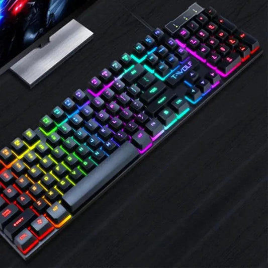 Mandotos RGB backlit gaming keyboard with floating keys, featuring customizable LED lighting and sleek design for gaming setup.
