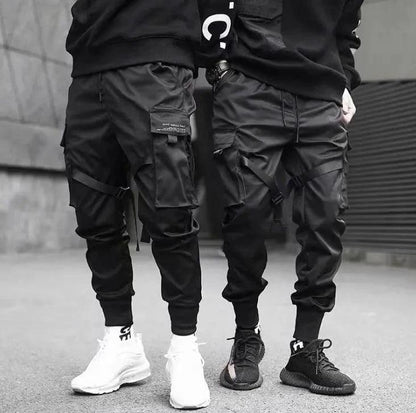 Mandotos Ribbons Harem Joggers for men, cotton cargo pants with pockets, streetwear hip hop casual track pants style.