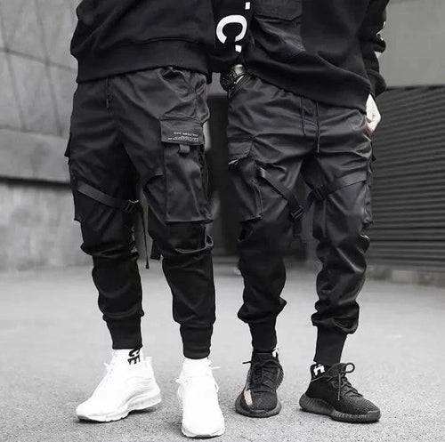 Mandotos Ribbons Harem Joggers for men, cotton cargo pants with pockets, streetwear hip hop casual track pants style.