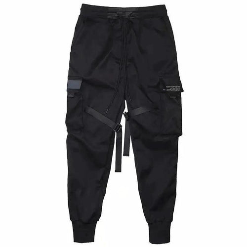 Mandotos Ribbons Harem Joggers for men, cargo streetwear pants with pockets, cotton fabric, hip-hop casual style.