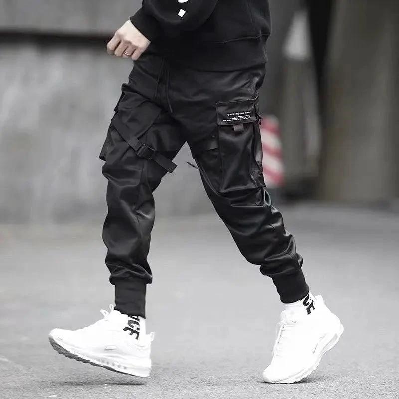 Mandotos Ribbons Harem Joggers for men, cargo style streetwear pants with pockets, casual cotton track pants for hip-hop fashion.
