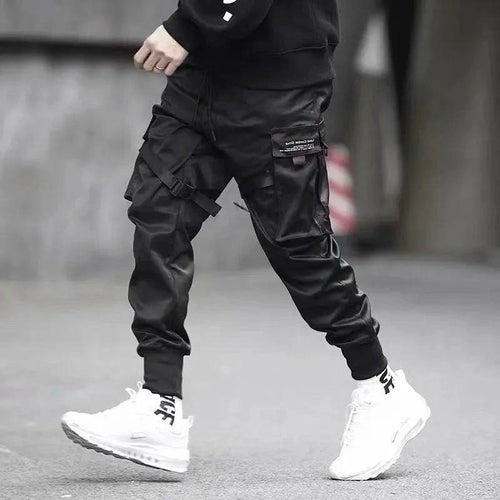 Mandotos Ribbons Harem Joggers for men, cargo style streetwear pants with pockets, casual cotton track pants for hip-hop fashion.