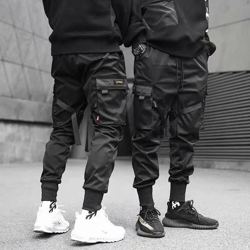 Mandotos Ribbons Harem Joggers for men, cotton cargo pants with pockets, streetwear style, casual hip-hop track pants.