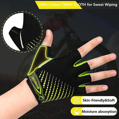 Mandotos RideGuard half-finger cycling gloves with padded palms and breathable fabric for comfortable biking.
