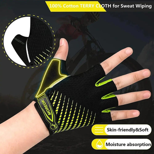 Mandotos RideGuard half-finger cycling gloves with padded palms and breathable fabric for comfortable biking.