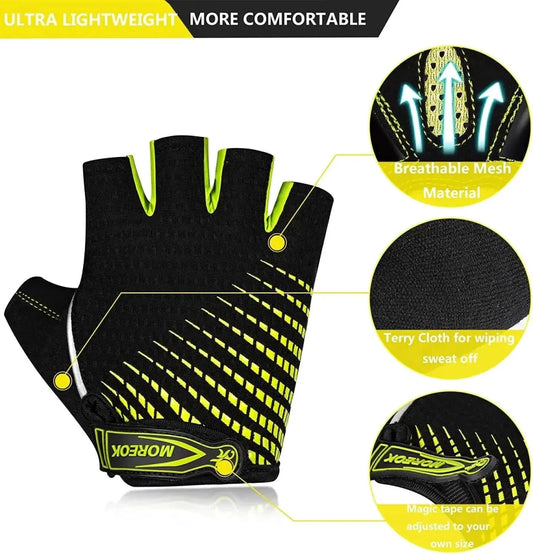 Mandotos RideGuard half finger cycling gloves with padded palms and breathable fabric for comfortable bike rides.