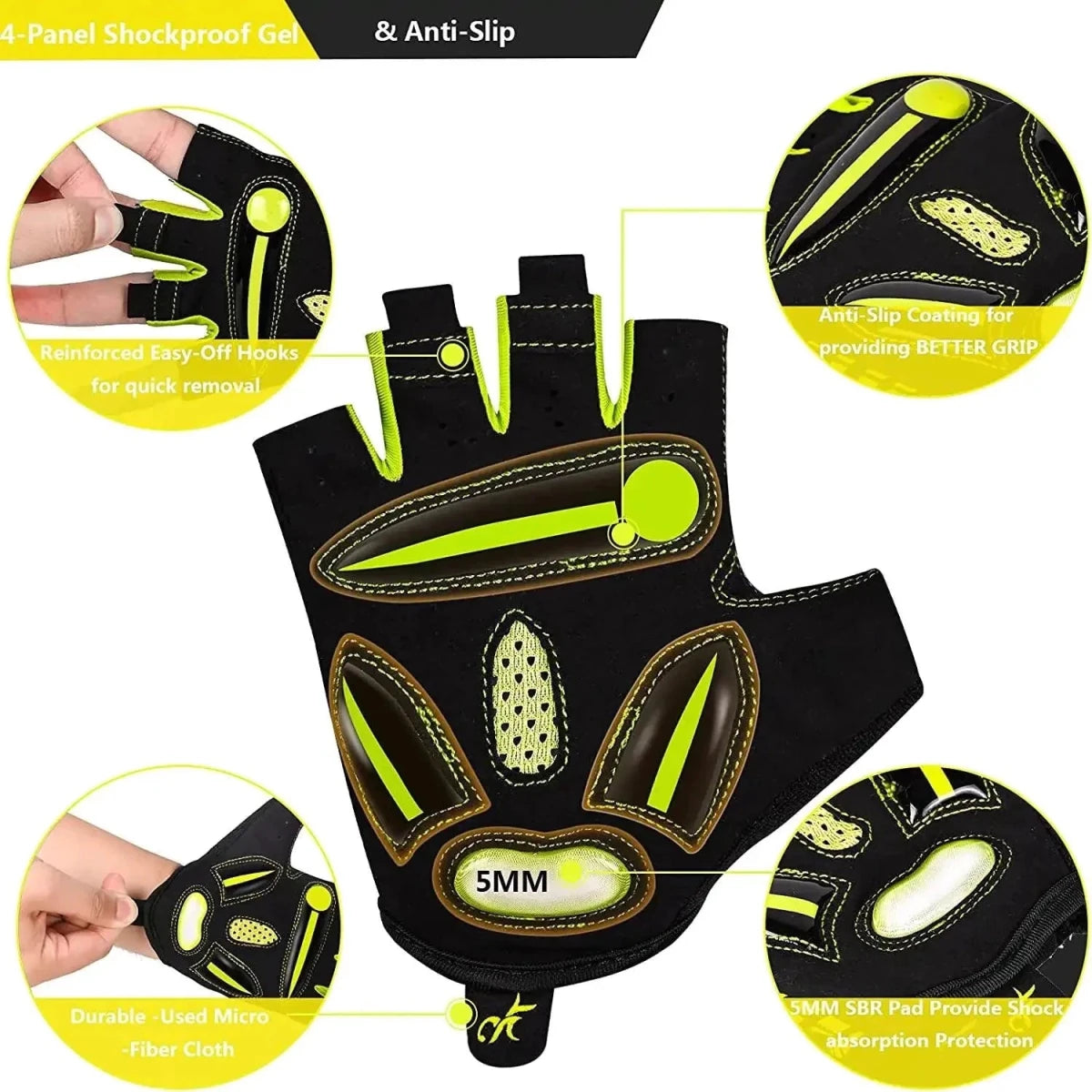 Mandotos RideGuard half finger cycling gloves with padded palms and breathable fabric for comfortable bike riding.