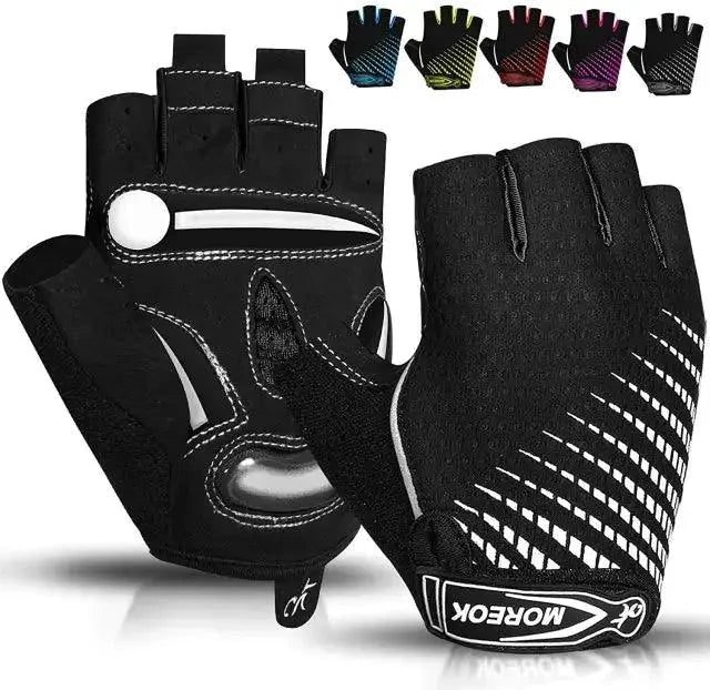 Mandotos RideGuard half finger cycling gloves with padded palms and breathable fabric for comfortable biking.