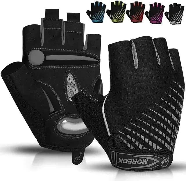 Mandotos RideGuard half-finger cycling gloves with breathable fabric and padded palms for comfort during bike rides.