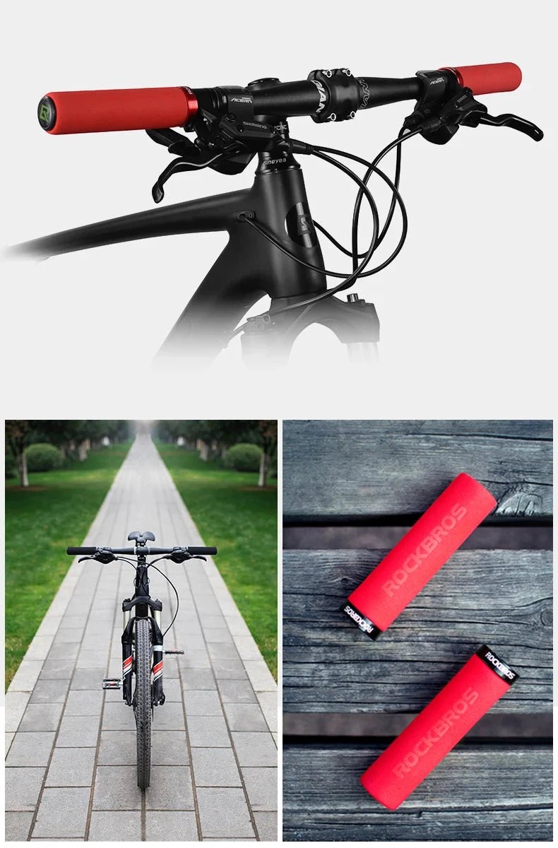 Mandotos ROCKBROS cycling grips for enhanced comfort and control during bike rides, with textured rubber surface for a secure grip.