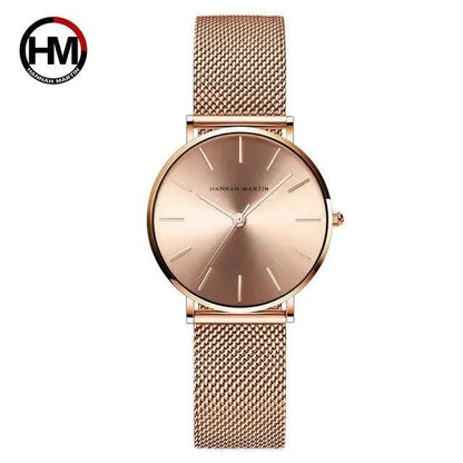 Rose gold stainless steel ladies' watch by MANDOTOS, featuring a sleek round face and elegant bracelet design.