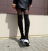 Mandotos round toe sports high heel over knee boots in black, featuring sleek design and knee-high length for stylish footwear.