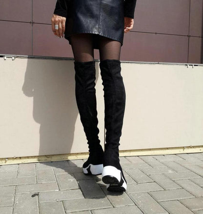 Mandotos round toe sports high heel over knee boots in black, featuring sleek design and knee-high length for stylish footwear.