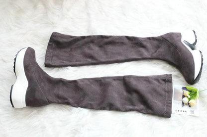 Mandotos round toe sports high heel over-the-knee boots showcasing sleek design and black leather finish.