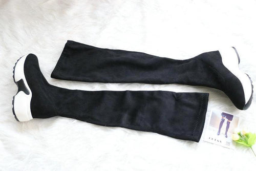 Mandotos round toe sports high heel over-the-knee boots in black with sleek design and chunky heel.