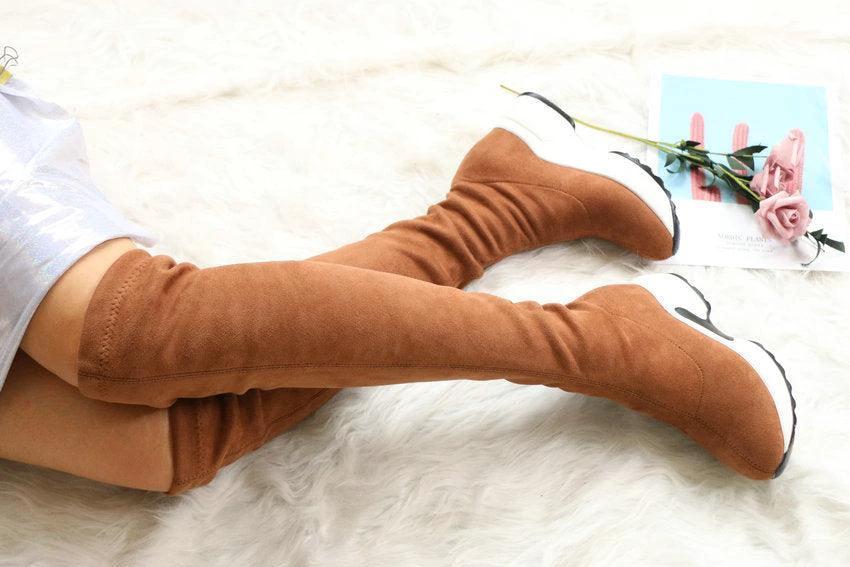 Mandotos round toe sports high heel over knee boots in black, featuring sleek design and comfortable fit.